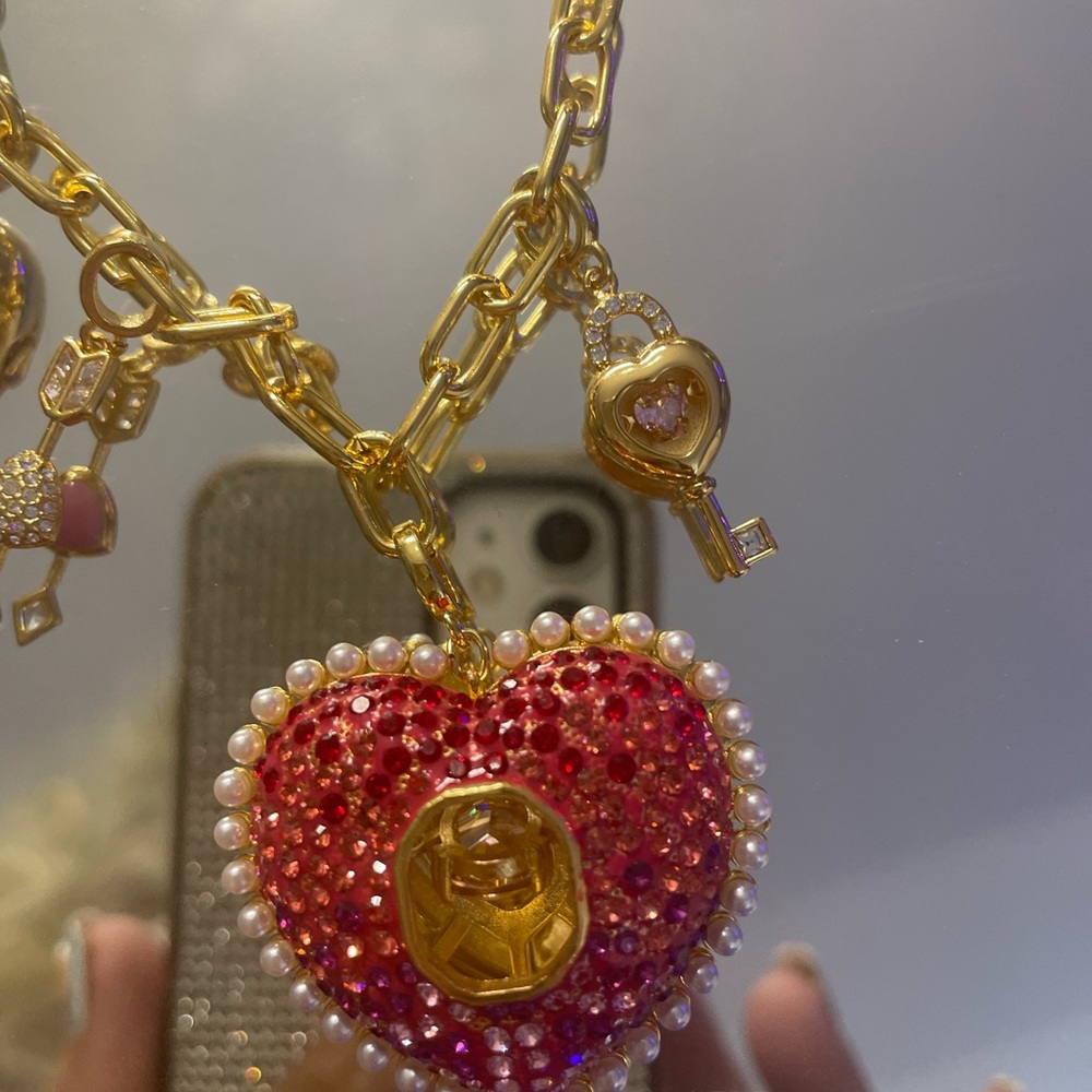 Swarovski Gold-Tone Pink Crystal Heart Pendant Necklace with Pearl Trim